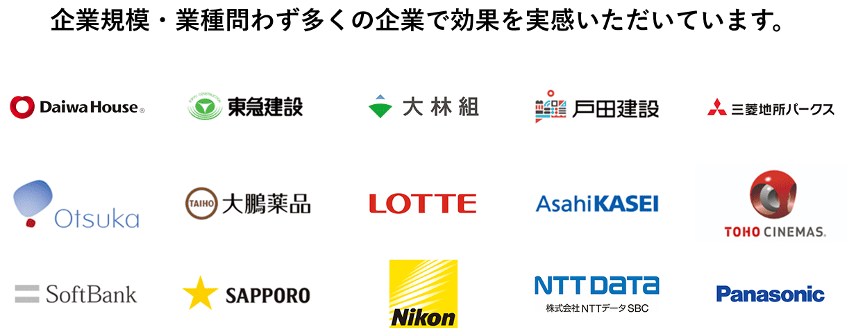 企業規模・業種問わず多くの企業で効果を実感いただいています。」というメッセージとともに並ぶ、導入企業のロゴ一覧。ダイワハウス、東急建設、大林組、戸田建設、三菱地所パークス、大塚製薬、大鵬薬品、ロッテ、旭化成、TOHOシネマズ、ソフトバンク、サッポロ、ニコン、NTTデータ、パナソニックなどのロゴが含まれています。